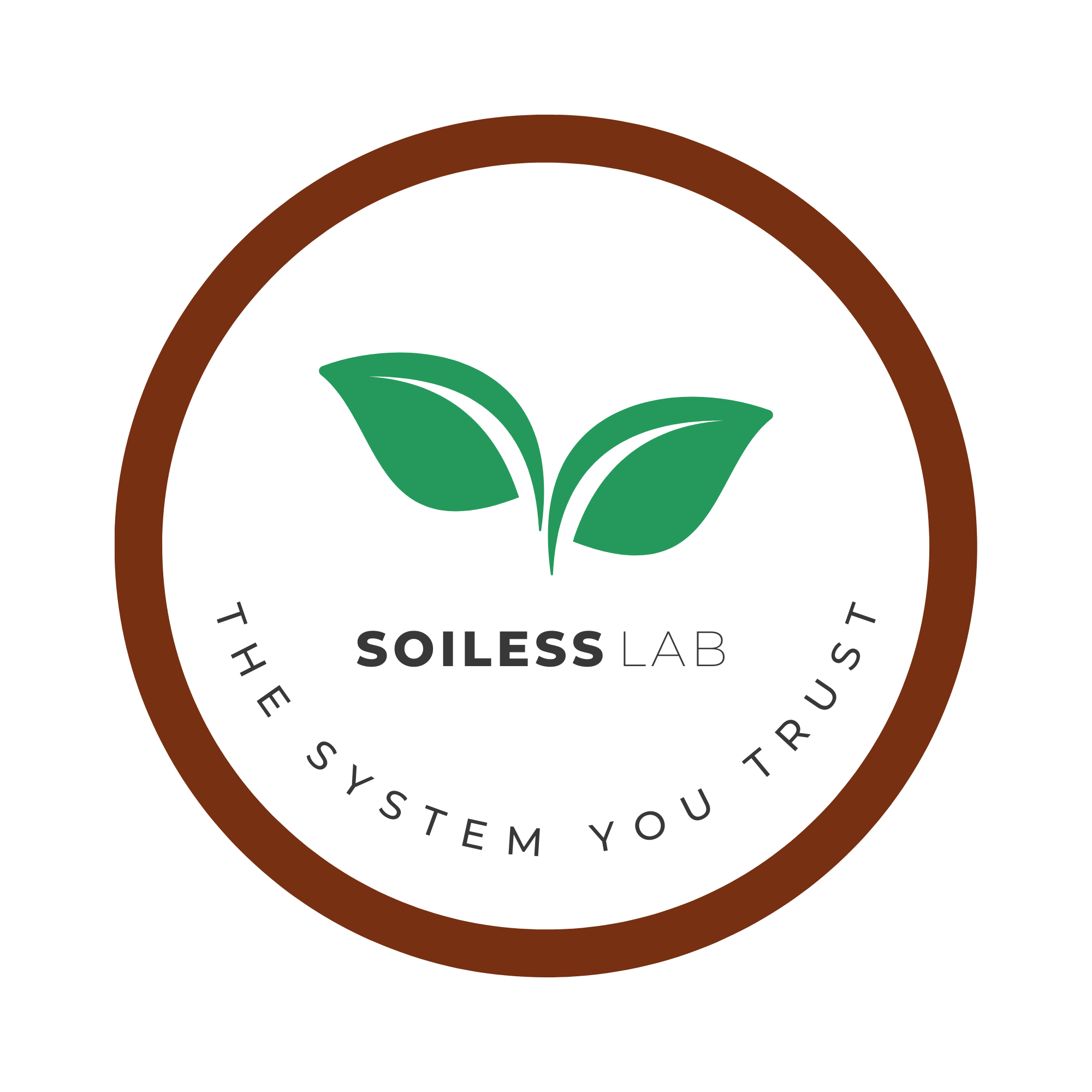 Logo for SOILLESS LAB with a green leaf illustration, circular brown border, and the text "The system you trust" at the bottom.