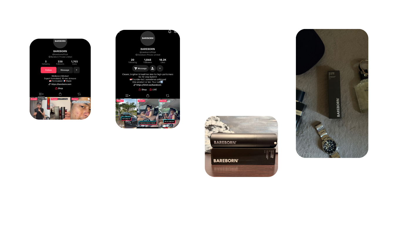 Image of a mobile device screen showing a social media profile for 'BAREBORN' with profile picture, followers, following, likes information, and various images and videos linked to the profile, along with a close-up photo of BAREBORN skincare products and a wristwatch.