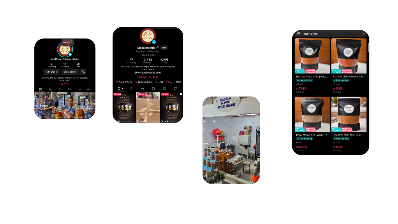 A collage of images showing social media profiles, a shop interior with spice jars, and a TikTok shop displaying various spice and tea products with prices and discounts.