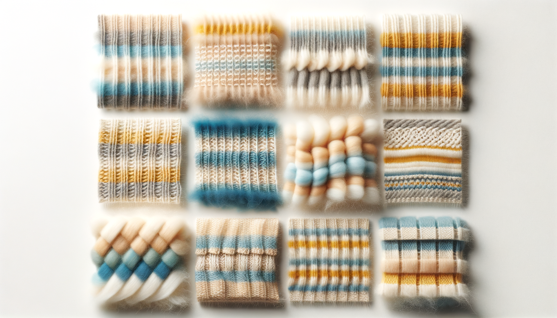 Various neatly folded and rolled knitted socks and fabric swatches in pastel and neutral colors with striped and textured patterns