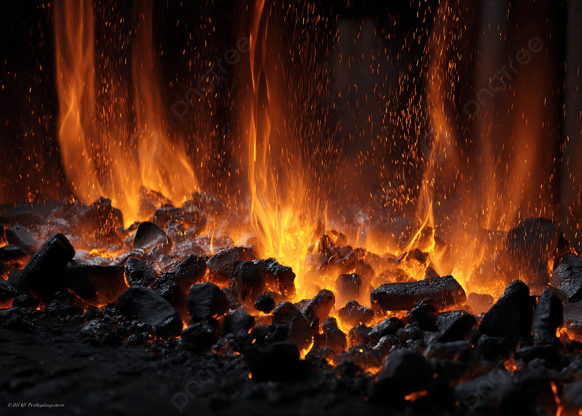 Close-up of glowing hot coals with bright orange flames and sparks rising.