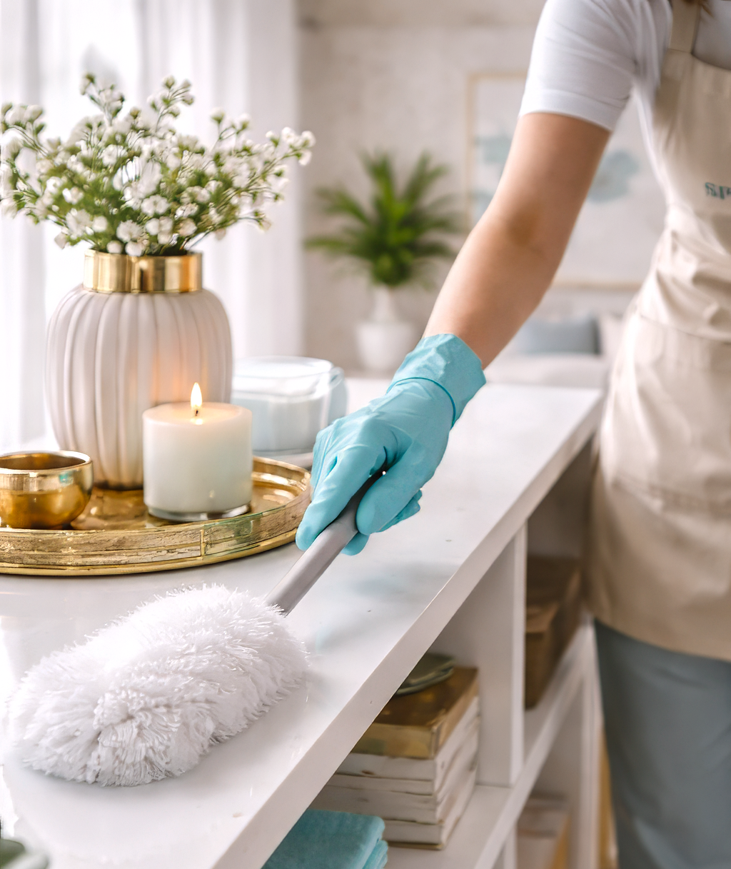 Person in blauer Gummihandschuhen putzt eine weiße Oberfläche mit einem Staubwischer. Im Hintergrund sind eine Kerze, eine Vase mit weißen Blumen und weitere Dekorationsgegenstände auf einem goldenen Tablett zu sehen, in einem hell eingerichteten Raum.