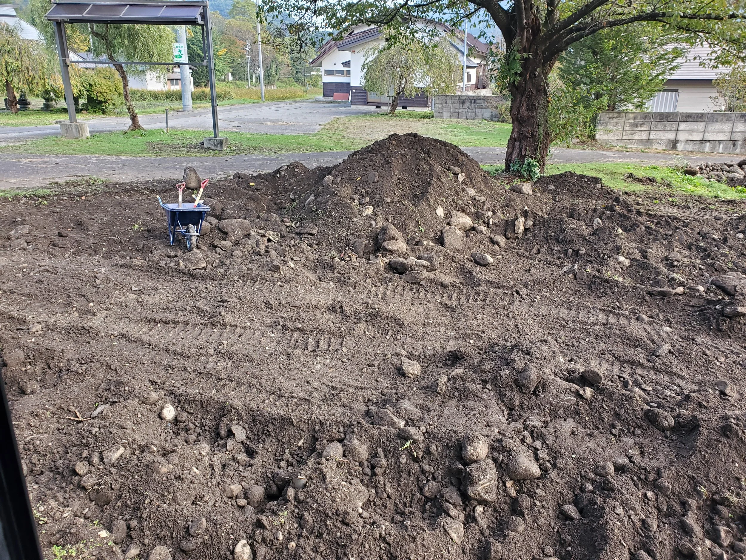 A small wheelbarrow filled with gardening tools, next to a pile of dirt in a yard with trees and houses.
