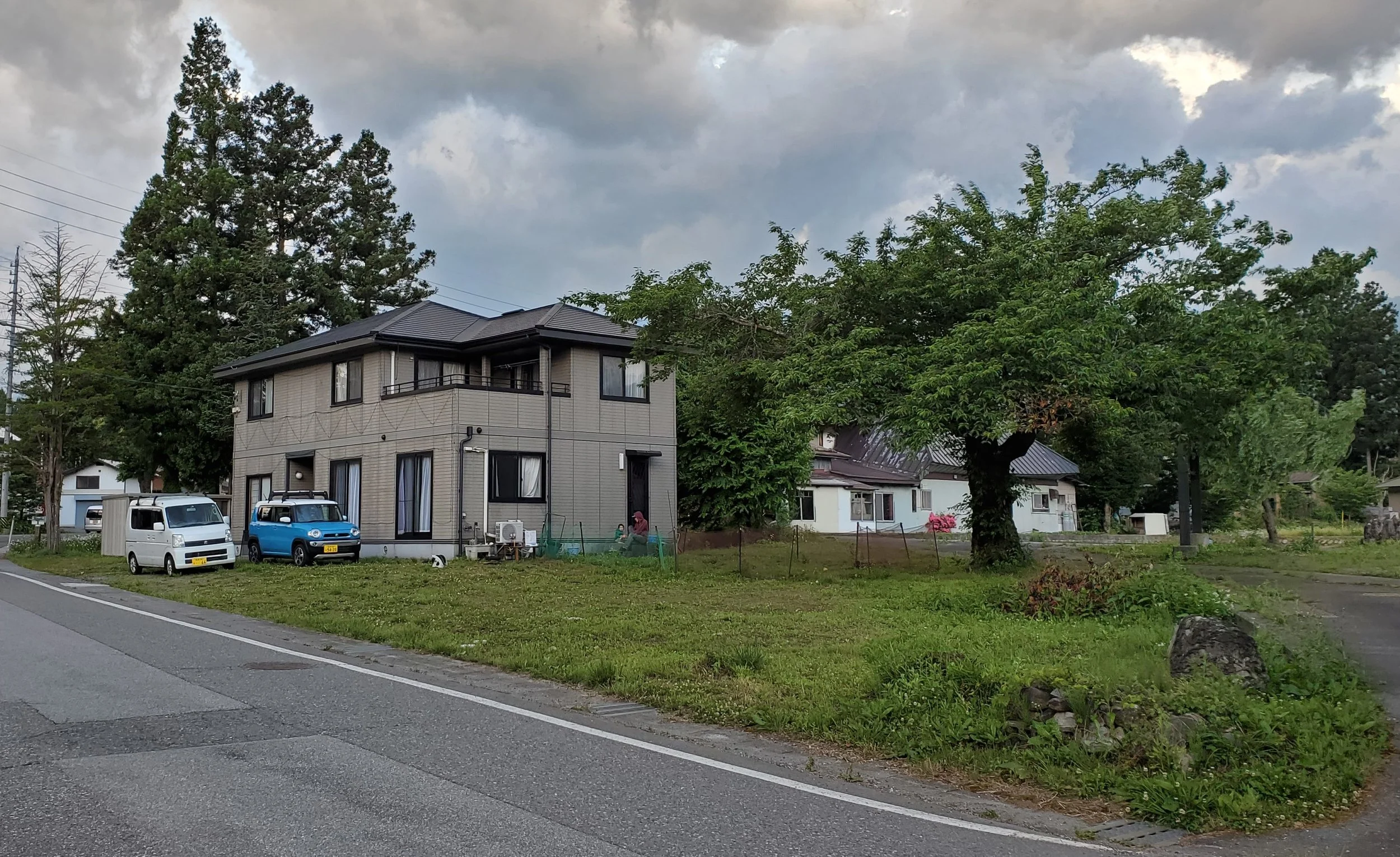 Residential neighborhood with a modern two-story house, trees, parked cars, and a cloudy sky.