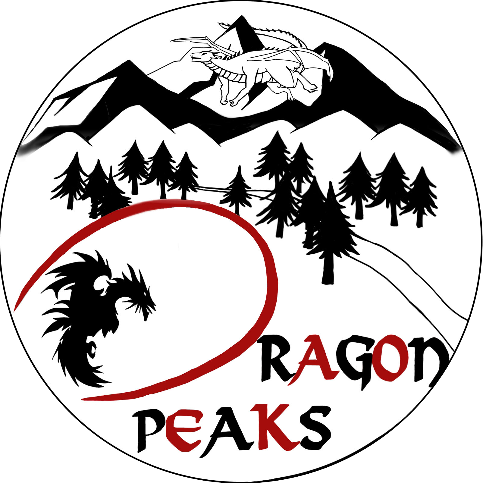 A black and white illustration of a mountain landscape with pine trees and a dragon flying above. Part of the text reads 'Dragon Peaks'.