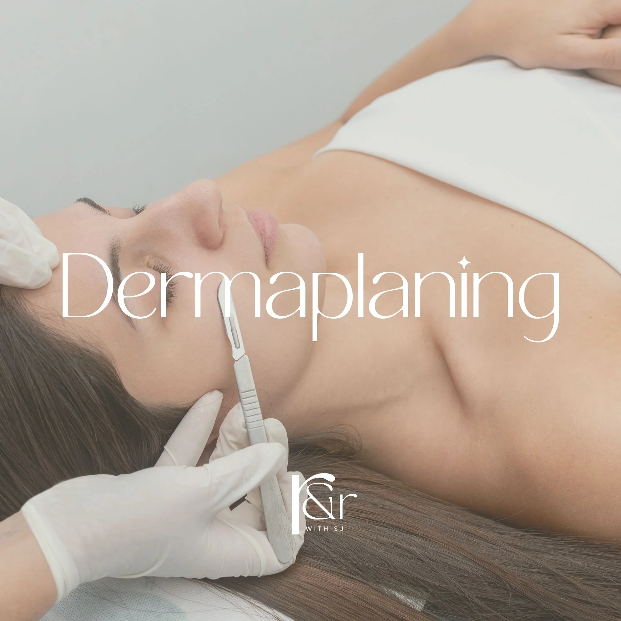 A woman receiving dermaplaning treatment, lying down with her eyes closed, a technician wearing gloves uses a scalpel-like tool on her face.