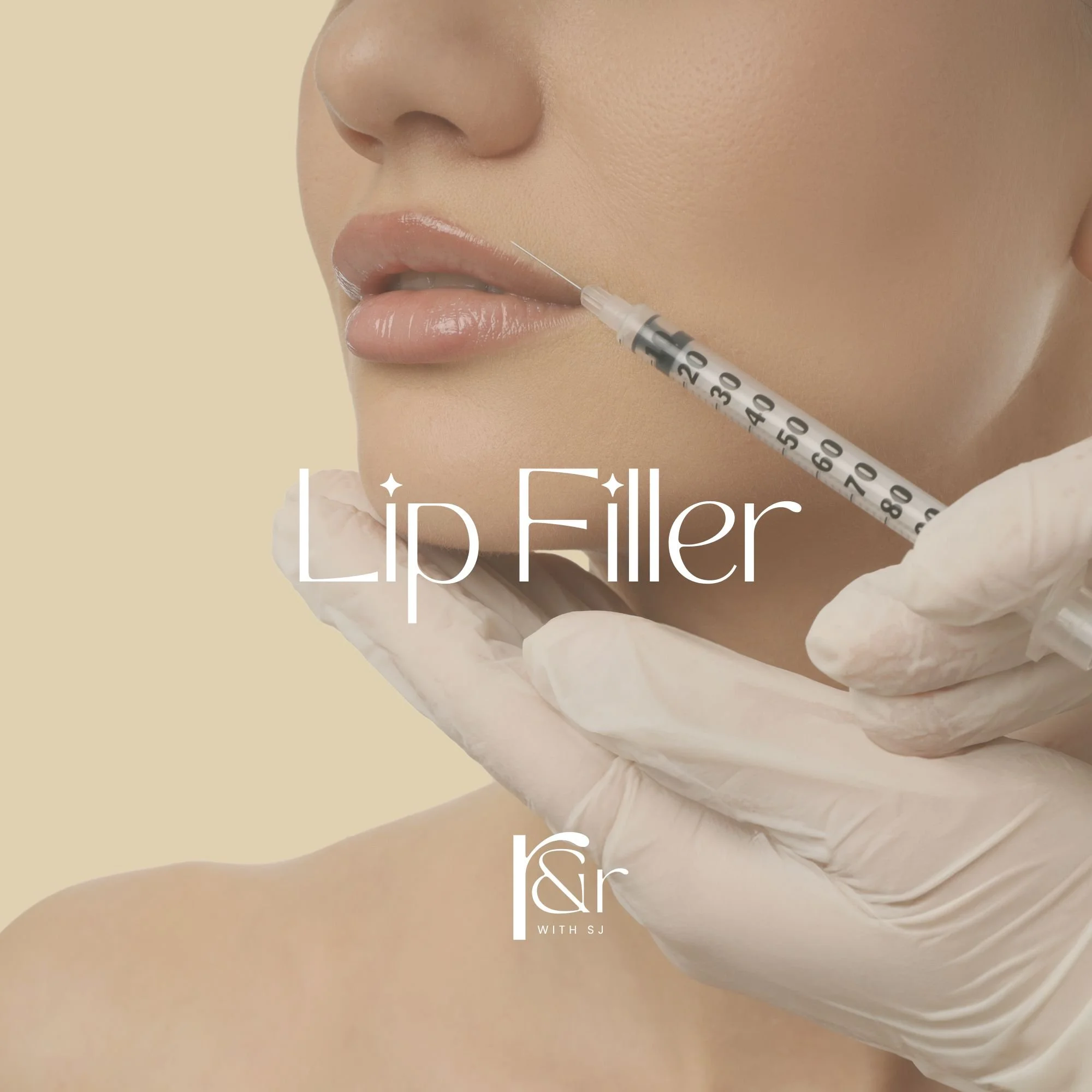 Close-up of a woman's face receiving a lip filler injection, with a syringe held by a gloved hand near her lips.