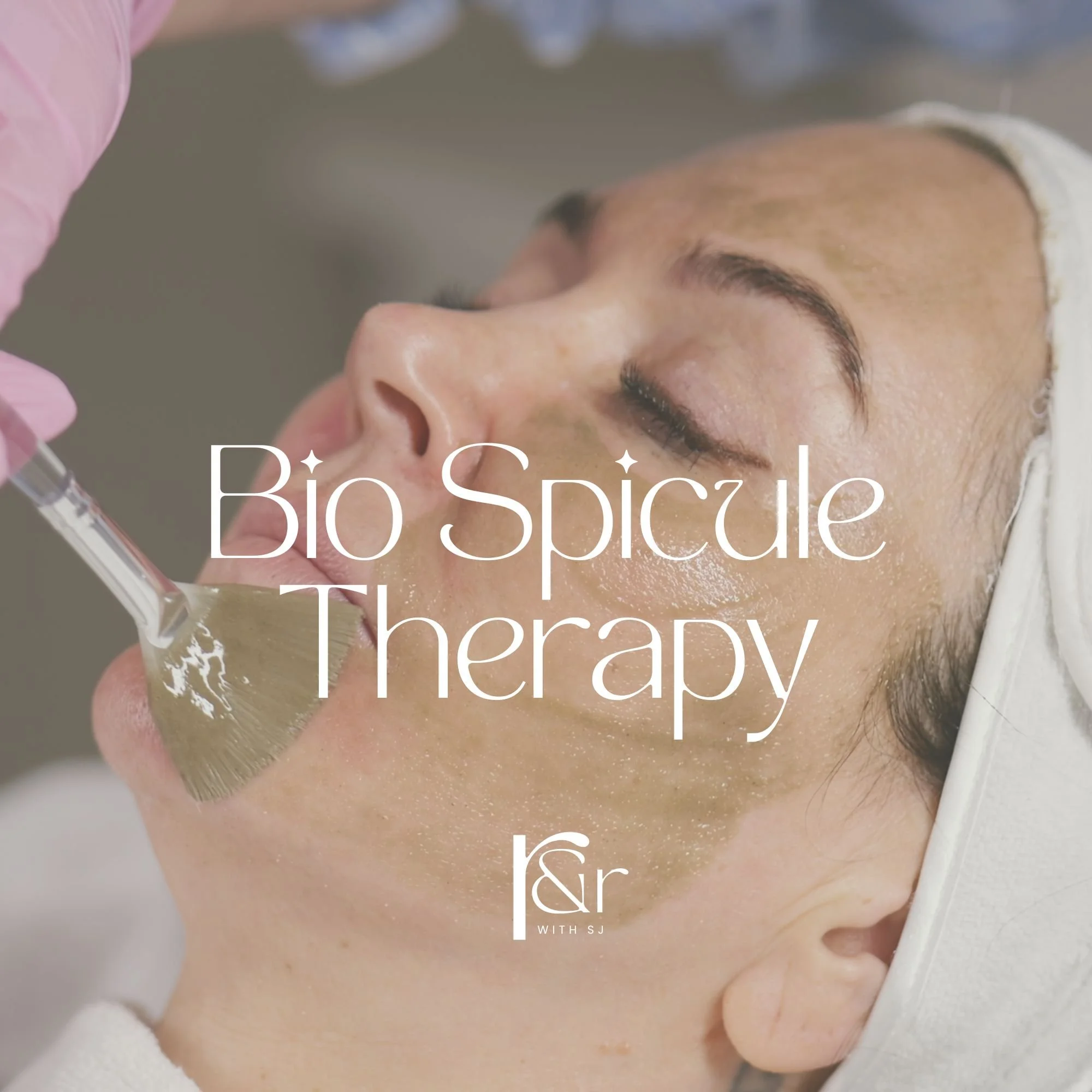 A woman receiving bio spicule therapy with a facial mask and a practitioner using a dropper to apply a treatment to her face.