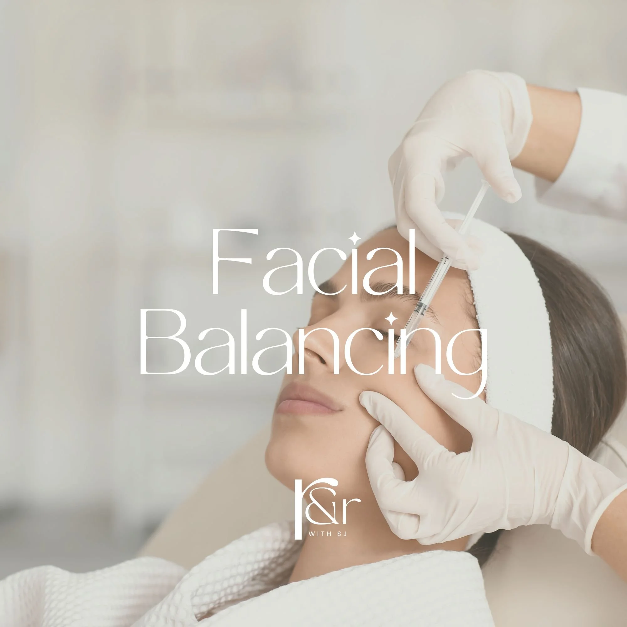A woman receiving a facial treatment, lying down with a headband, while a professional in gloves administers facial injections.