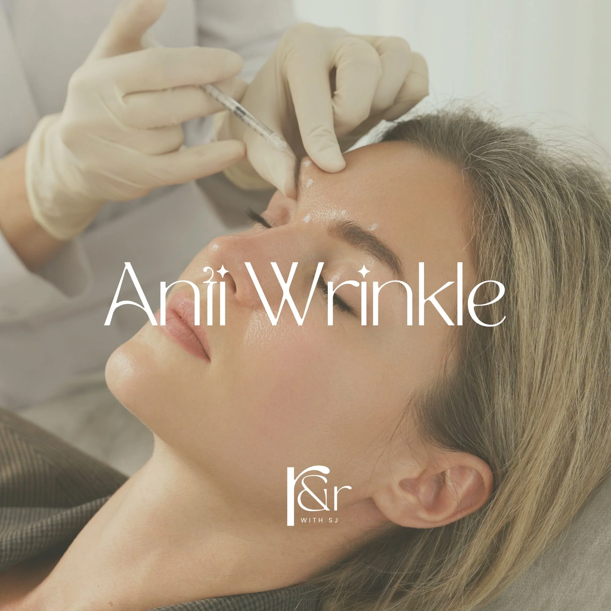A woman receiving a cosmetic injection near her forehead by a healthcare professional wearing gloves, with text overlay reading 'Anti Wrinkle'.