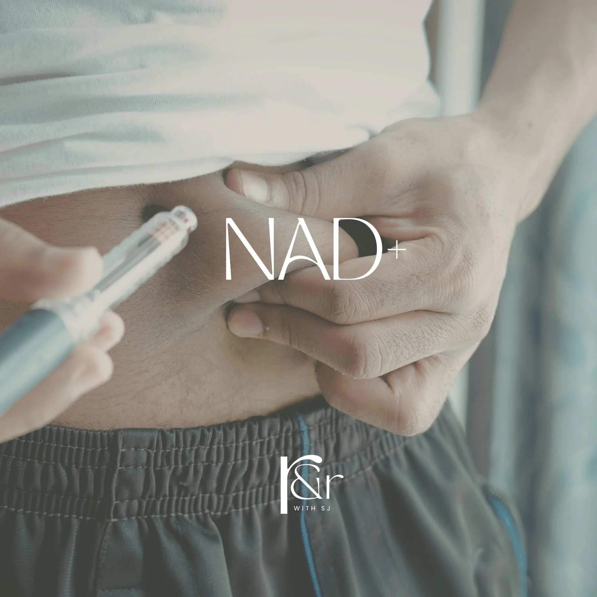 Person receiving an injection in their abdomen, with the word 'NAD+' overlaid on the image.