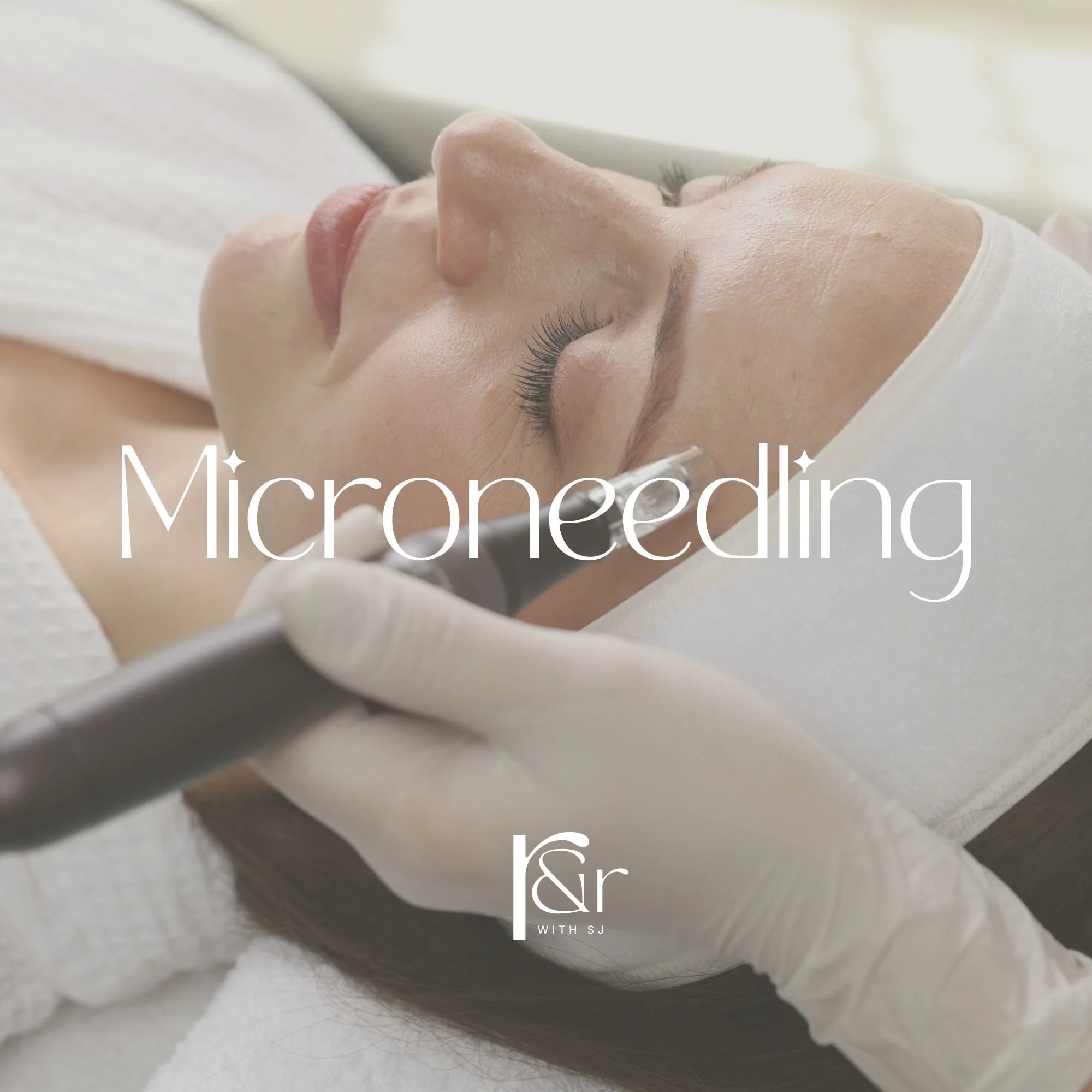 A woman receiving a microblading procedure on her eyebrows, lying down with her eyes closed, wearing a white headband and a white treatment gown.