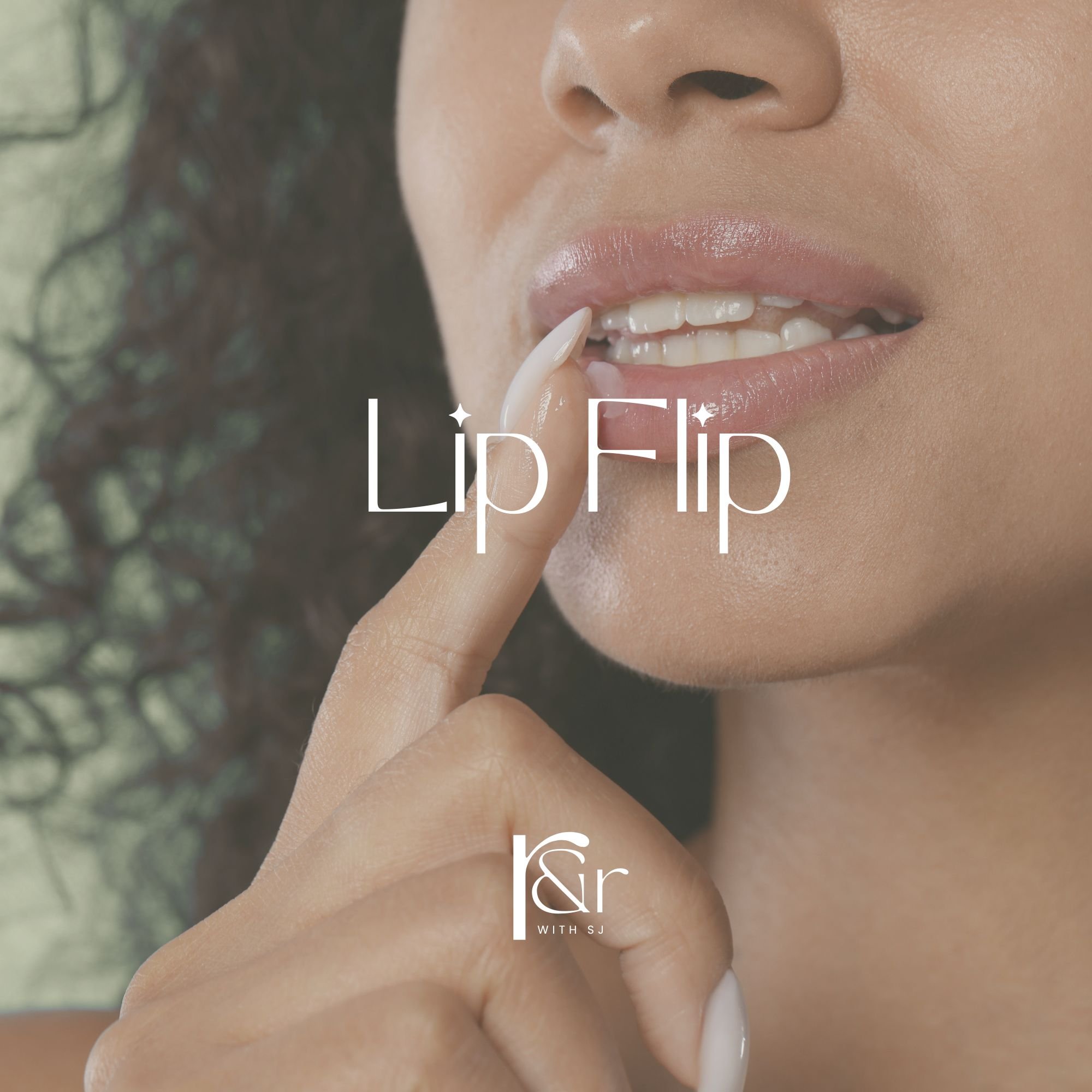 Close-up of a woman with glossy lips touching her lips with her finger, with the text "Lip Flip" and a logo at the bottom.