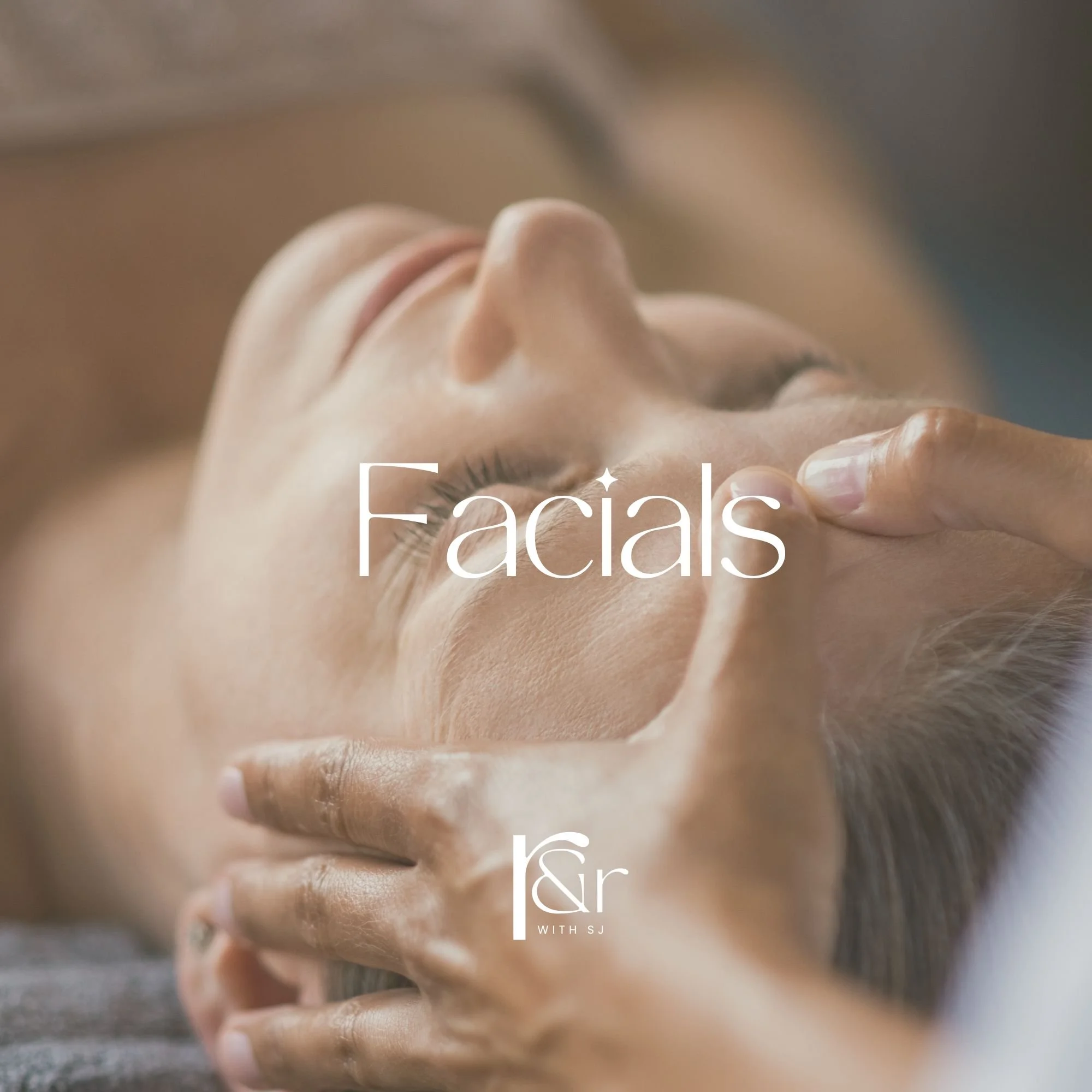 Close-up of a woman receiving a facial treatment, lying down with eyes closed, and a practitioner's hands gently massaging her face.