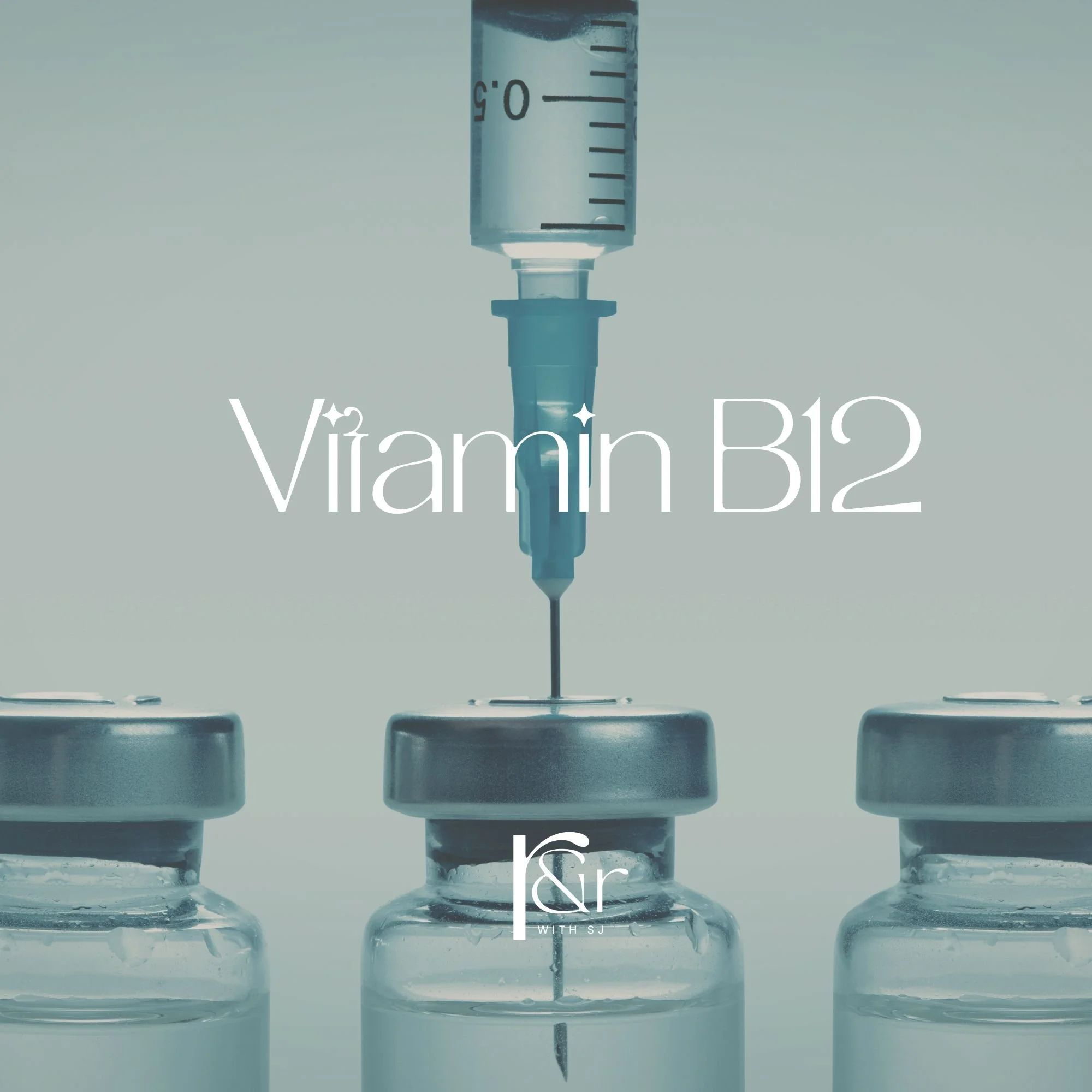 Image of a syringe injecting a liquid into a vial, with two other vials on either side, overlaid with the text 'Vitamin B12'.