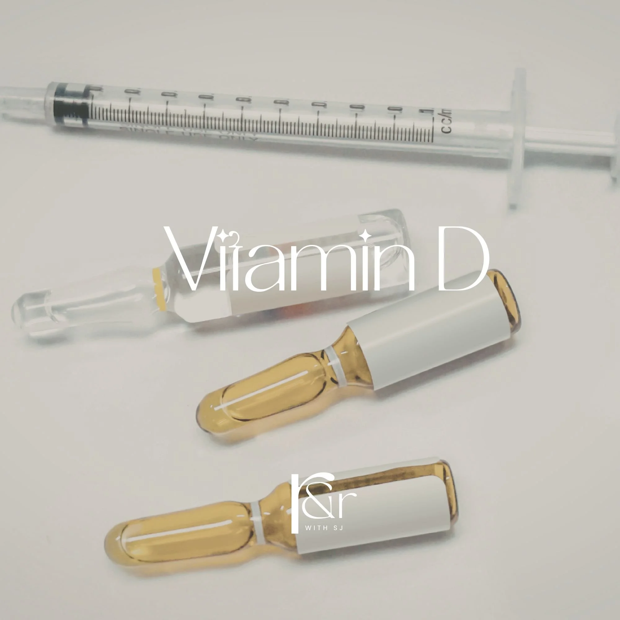 Three ampoules with vitamin D on a white background, one empty syringe, and the text 'Vitamin D' over the image.