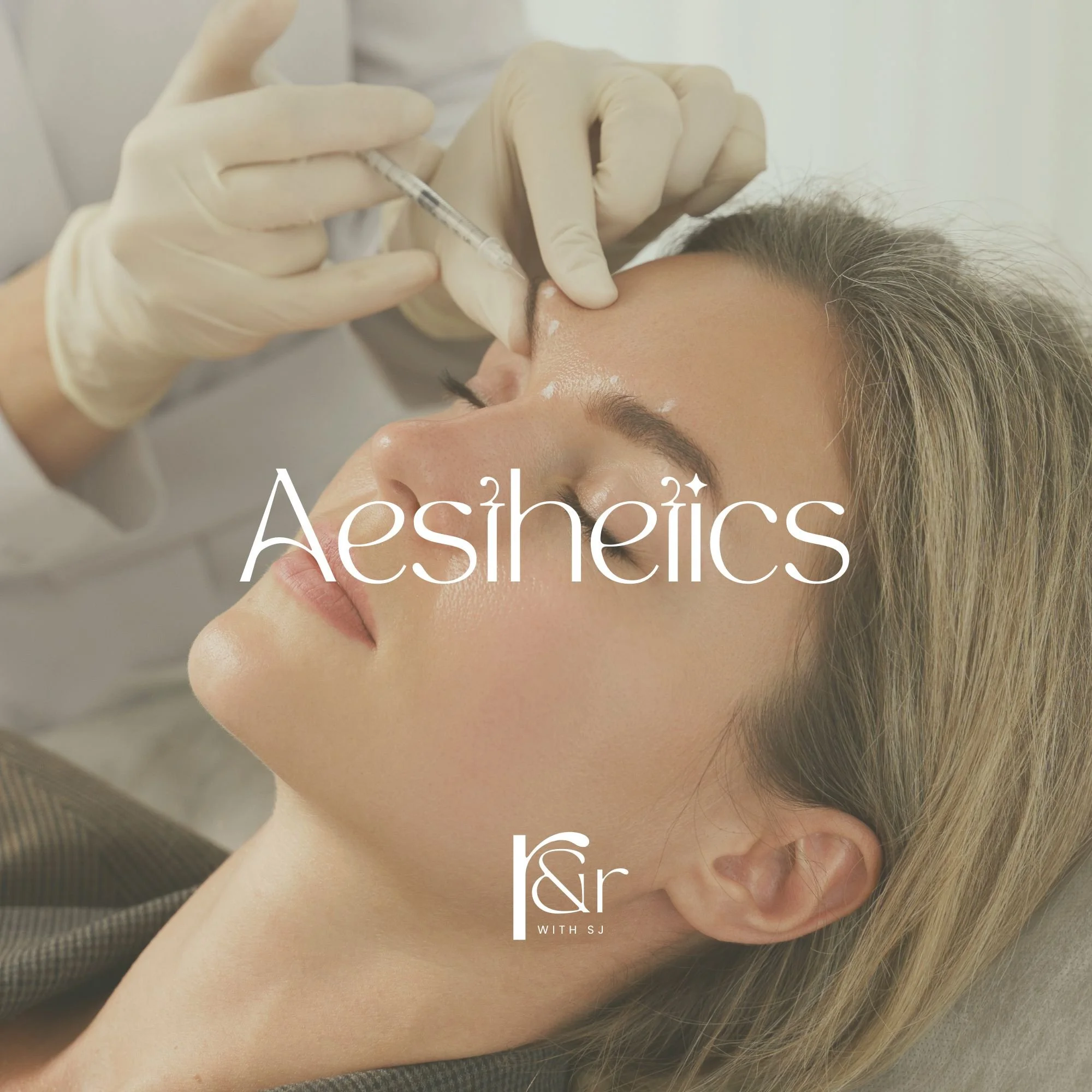 Close-up of a woman receiving an aesthetic treatment on her forehead with a syringe, lying comfortably with her eyes closed, in a clinical setting.