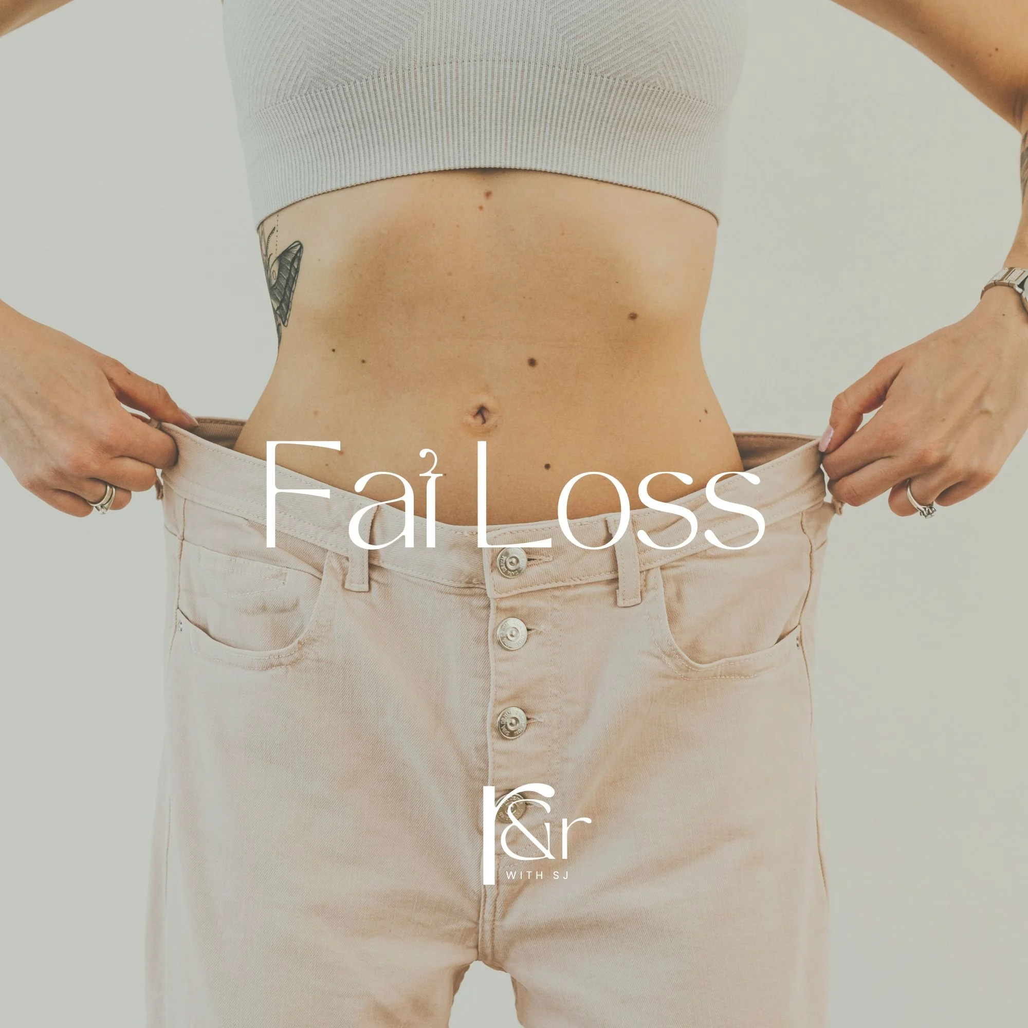 Person holding the waistband of beige pants, wearing a crop top, with the text 'Fail Loss' overlaid.