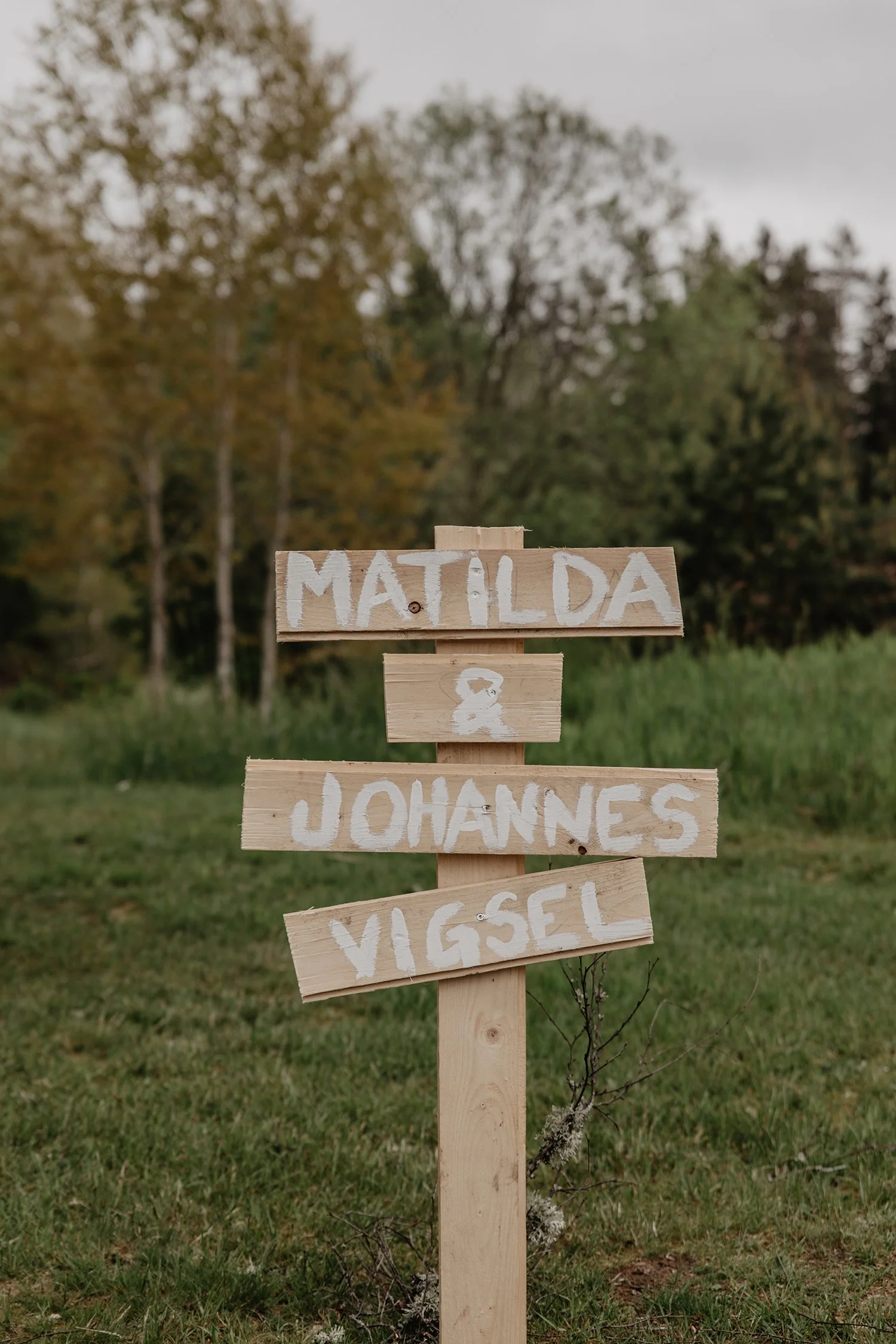 En träskylt med namn på personer: Matilda, Johannes och Vigsel, placerad på en gräsmatta med träd i bakgrunden.