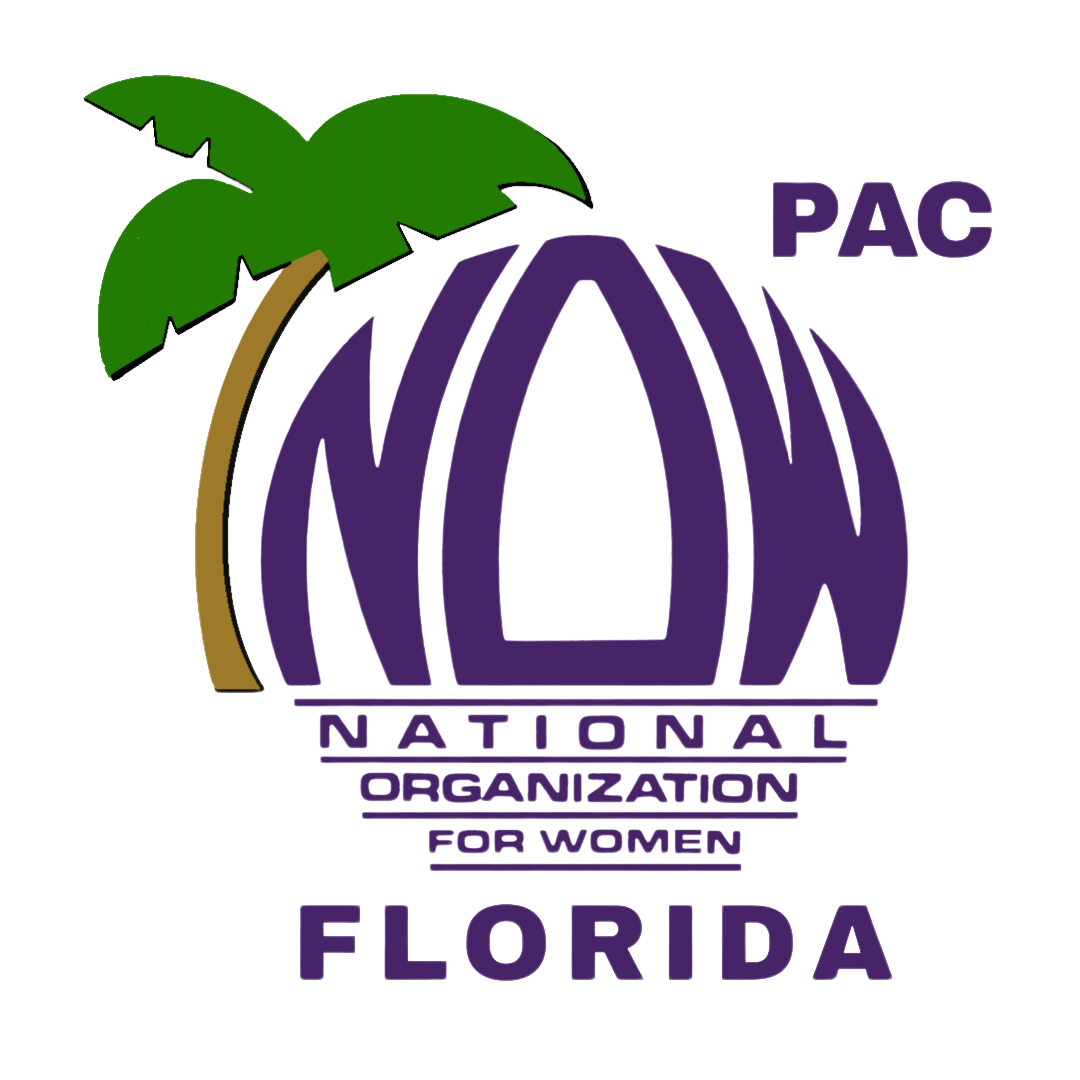 Logo for the National Organization for Women (NOW), Florida branch, featuring a stylized palm tree, purple text, and the word 'PAC'.