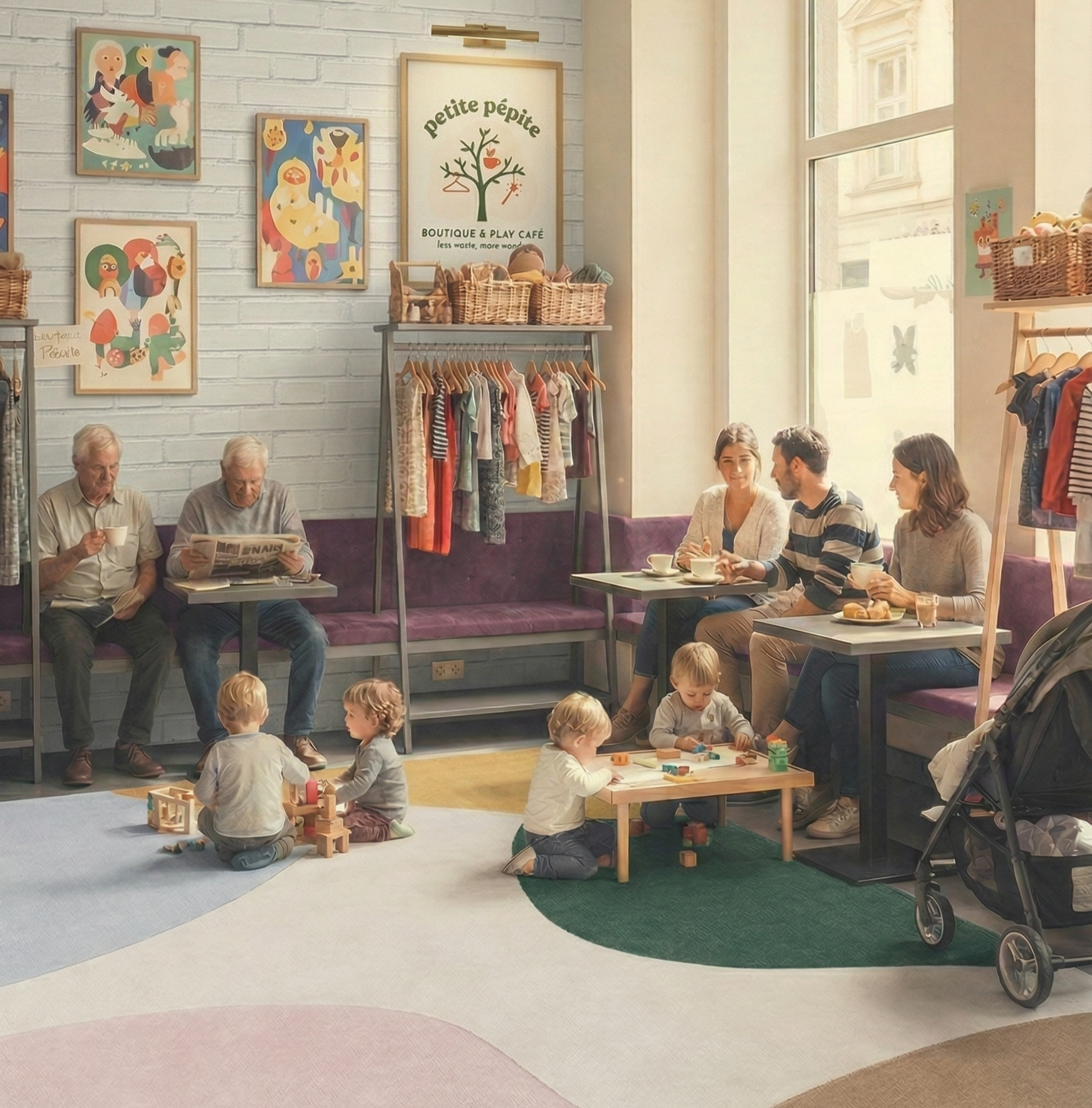 Gezellig café met kleine kinderen die spelen en volwassenen die genieten van koffie in een kindvriendelijke omgeving.