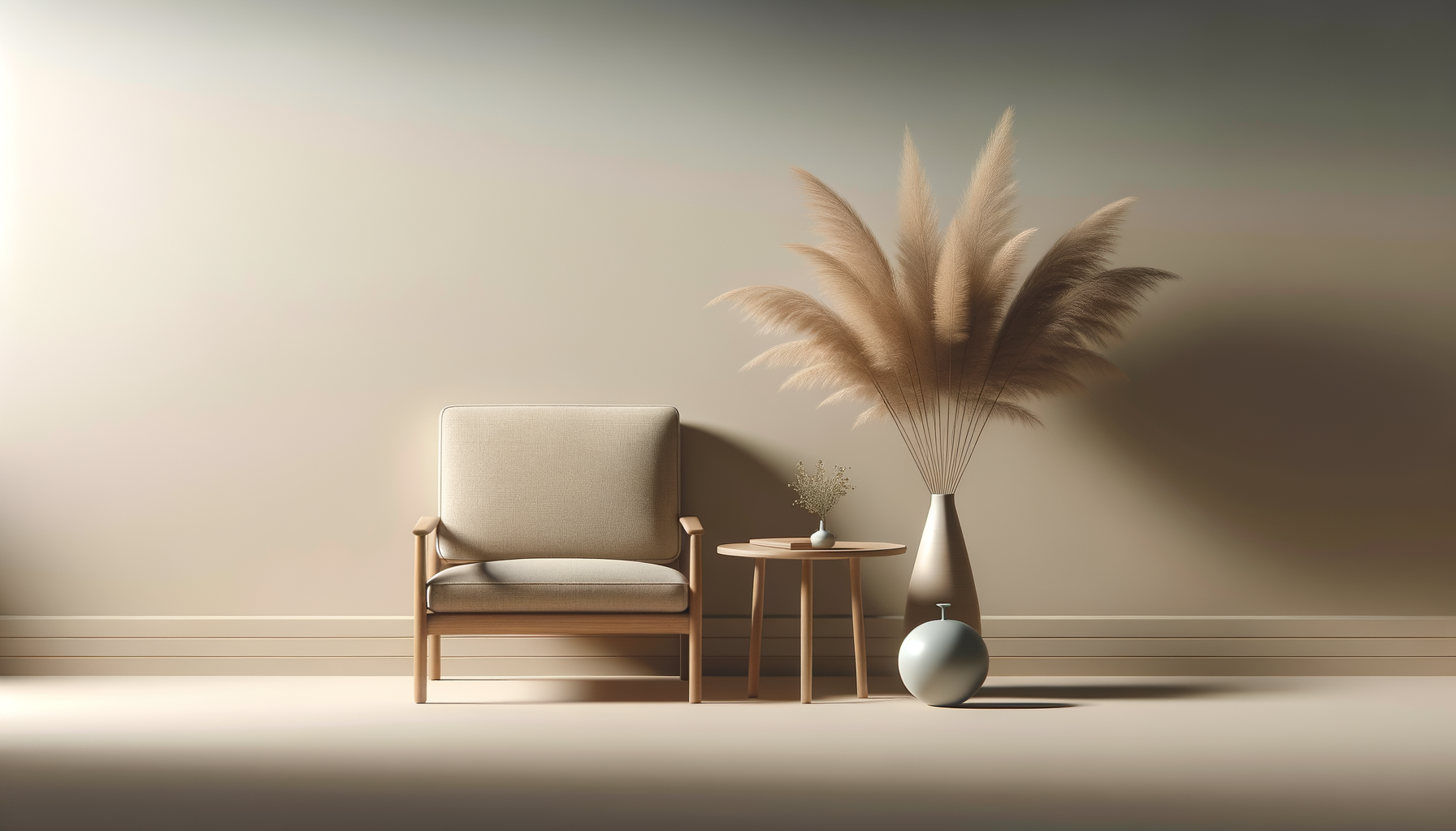 Minimalist interior scene with beige armchair, small round wooden side table with a small vase, and a large tall vase with pampas grass in a modern setting, softly lit.