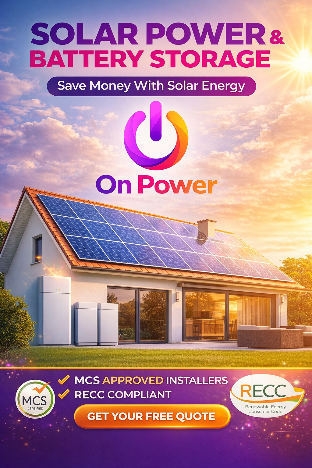 Advertisement for solar power and battery storage systems featuring a house with solar panels on the roof, energy-saving logo, and a call to action to get a free quote.