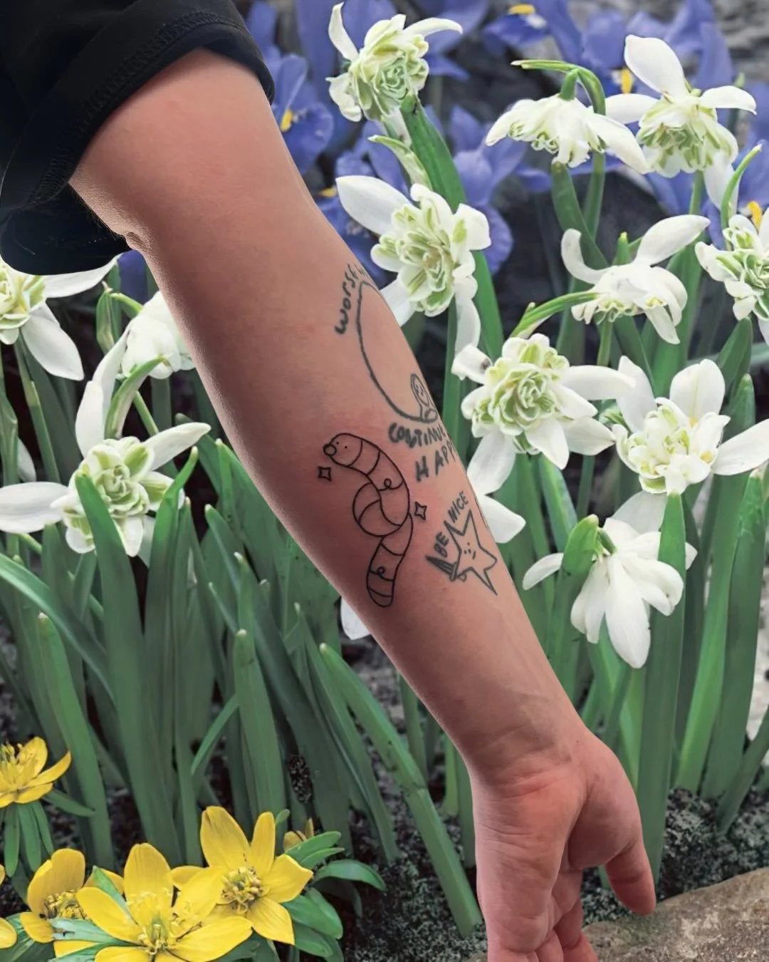 spring has sprung !!!! wormy is here! snail is here! acorn fairy is here! stars are here! flower milk is here! coffee is always here :&bull;) some recent tats!