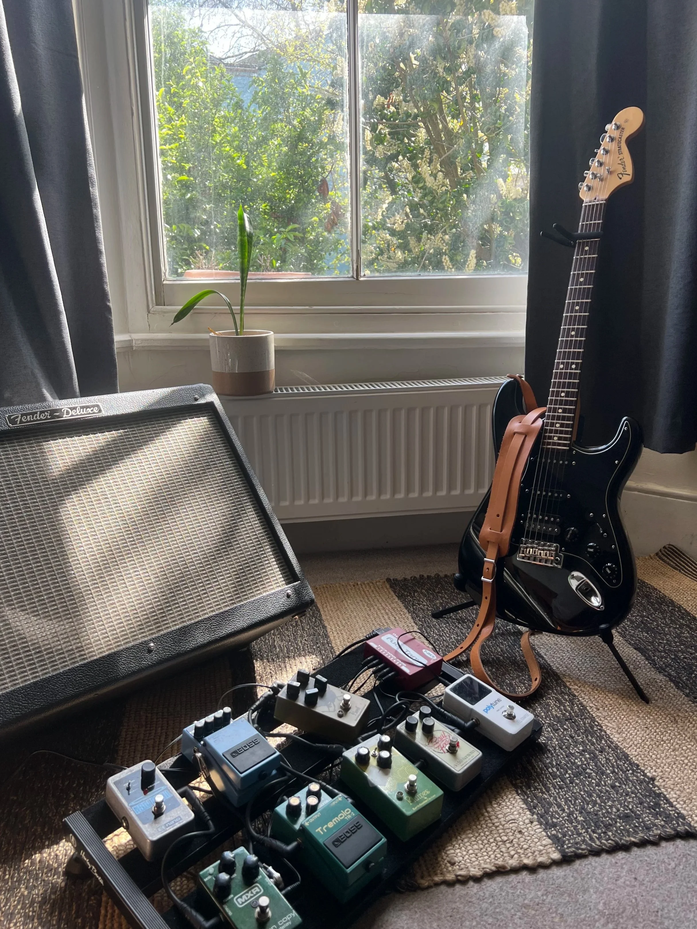 picture with guitar, amp and effects pedals