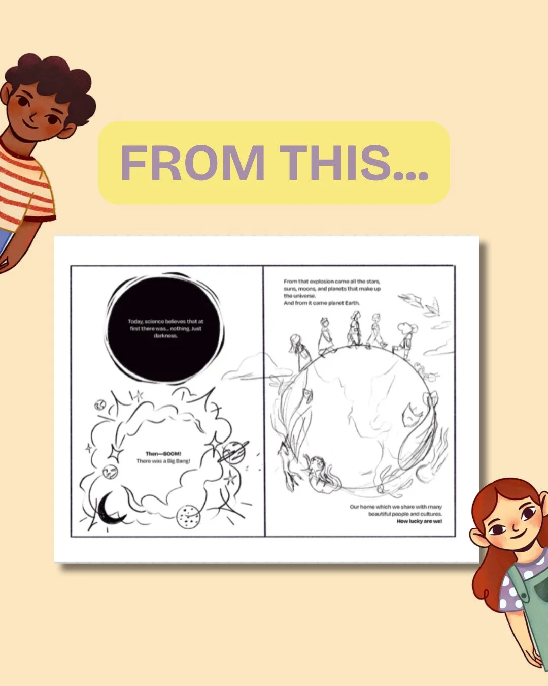 It all started with simple sketches on paper, just lines, ideas, and a lot of imagination. Little by little, those drawings were shaped, adjusted, and brought to life until they became the full book you see today. 🐛🌎✨⁠
⁠
From early doodles to final