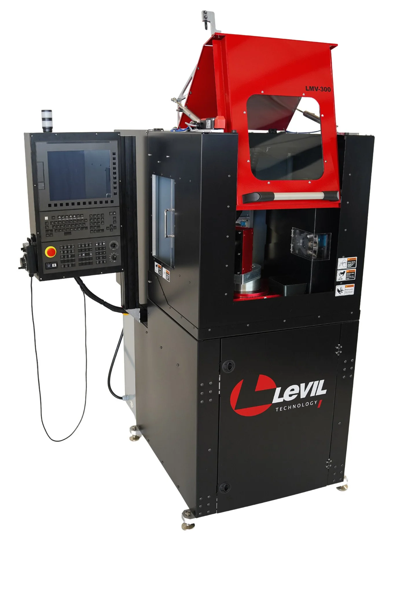 A CNC machine with a black and red color scheme, labeled 'Levil Technology,' featuring a control panel, a red housing area, and a transparent window, used for precision manufacturing.