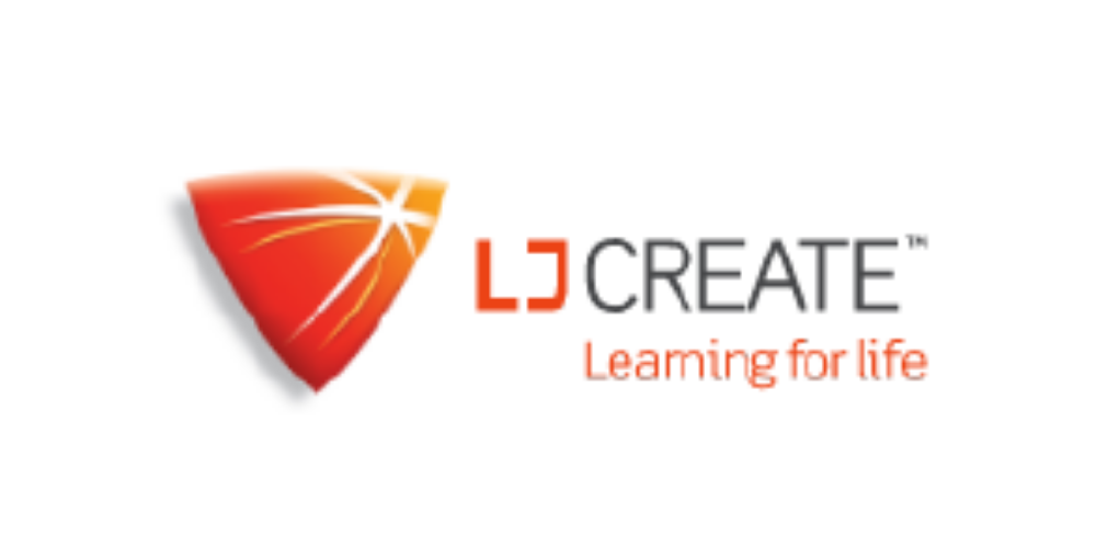 LJ Create logo with slogan 'Learning for life' featuring a stylized torch on a red and orange background.