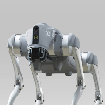 A robotic dog with a sleek gray and white exterior, standing on four legs, with the number 02 on its side.