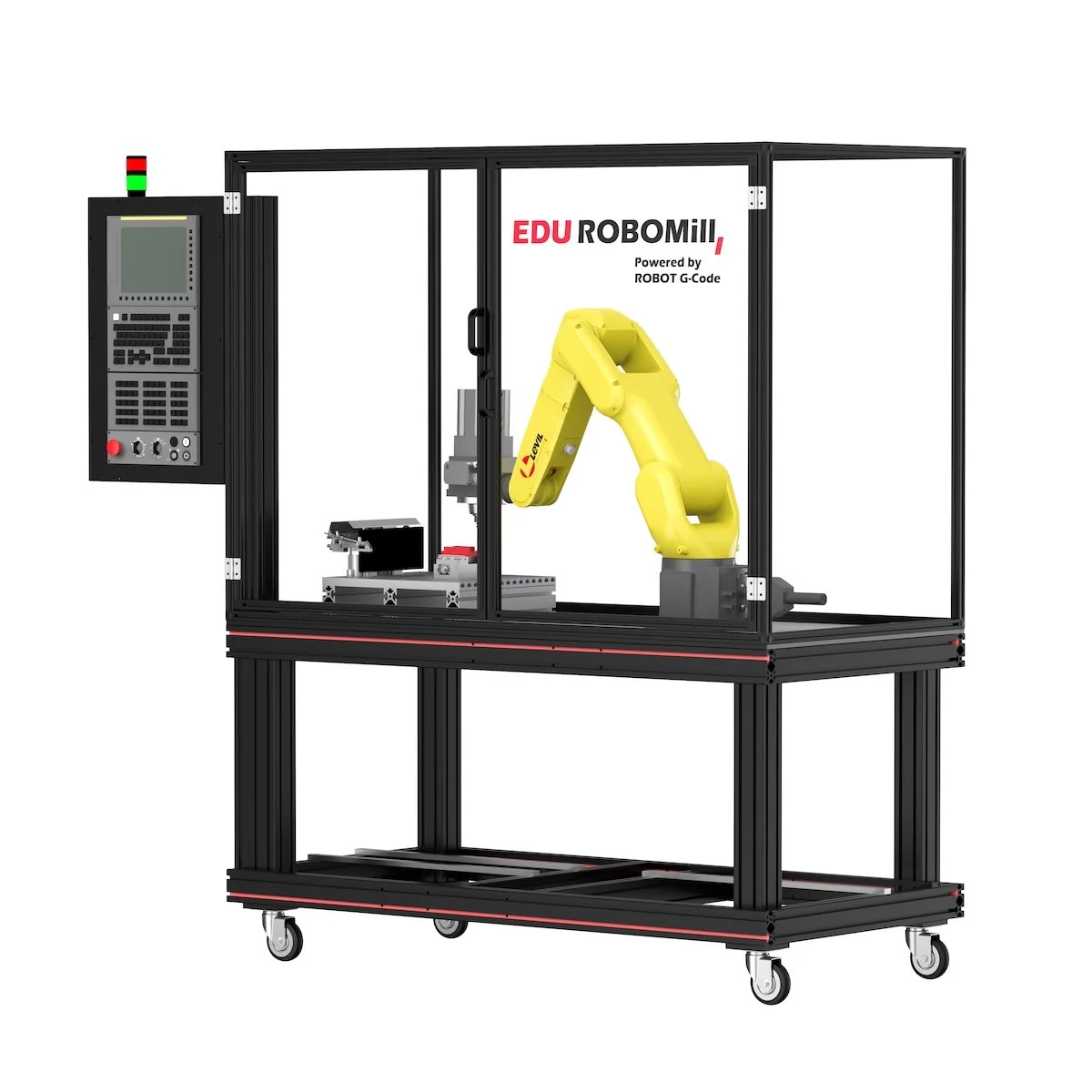 A yellow robotic arm inside a transparent enclosure on a black metal frame, with a control panel on the left and text that reads 'EDU ROBOMII Powered by ROBOT G-Code'.