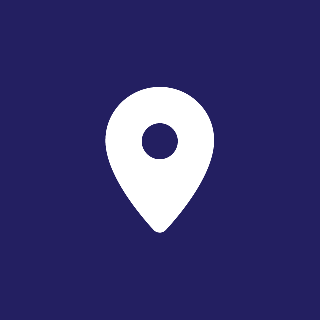Map pin icon on a dark blue background.