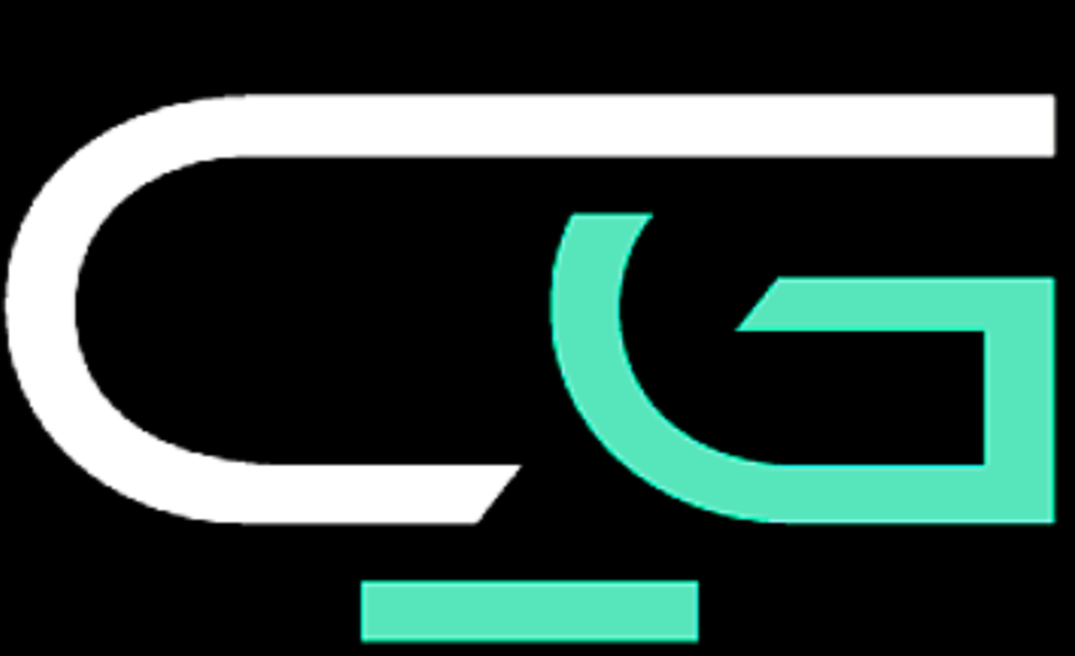 Logo avec la lettre G stylisée en turquoise et une grande lettre C en blanc sur un fond noir.