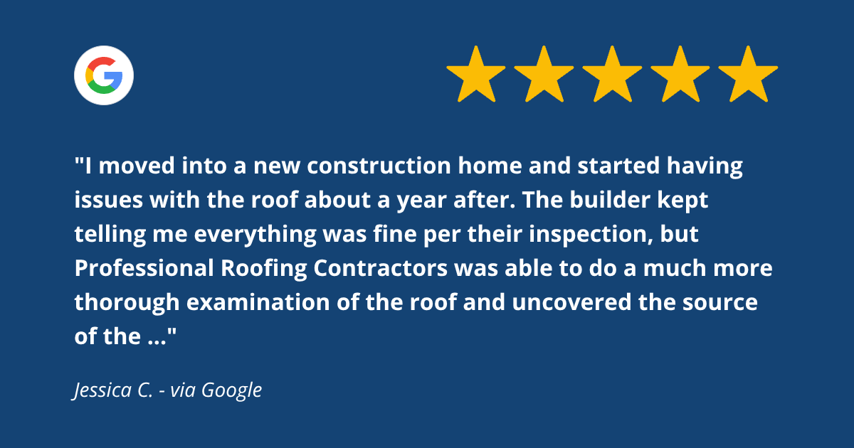 Six gold stars and a Google logo above a customer review about roofing experience on a blue background.