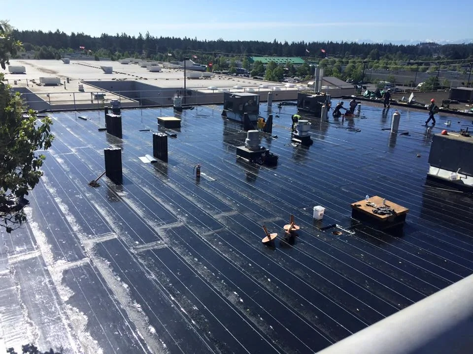 Workers installing or repairing a black reflective rooftop with various vents and equipment, with a background of other industrial buildings and a blue sky.