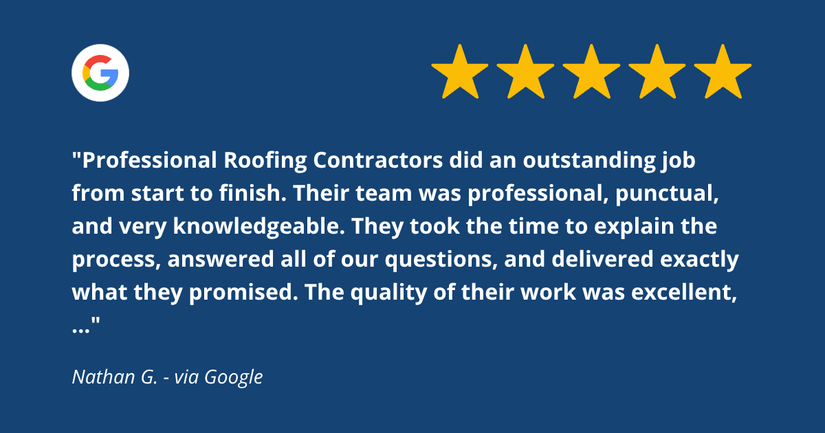 Five gold stars and a Google logo above a customer review praising a professional roofing contractor. The review highlights the team’s professionalism, punctuality, knowledge, clear communication, and high-quality work. The review is attributed to Na