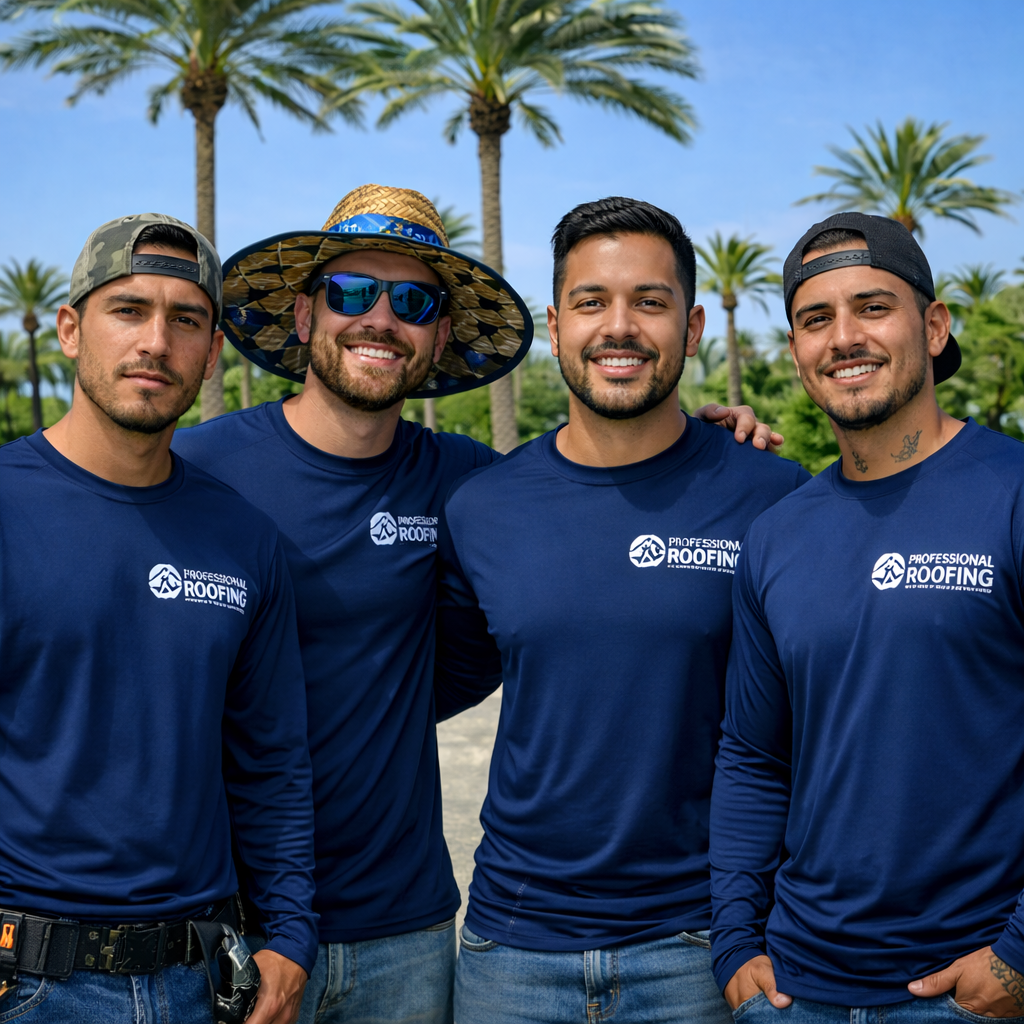 Four men wearing matching blue shirts with a roofing company logo, standing outdoors in front of palm trees, smiling at the camera.