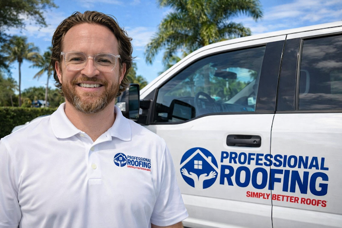 A man wearing glasses and a white polo shirt with a logo that reads 'Professional Roofing' stands in front of a white truck with the same logo and the slogan 'Simply Better Roofs'.