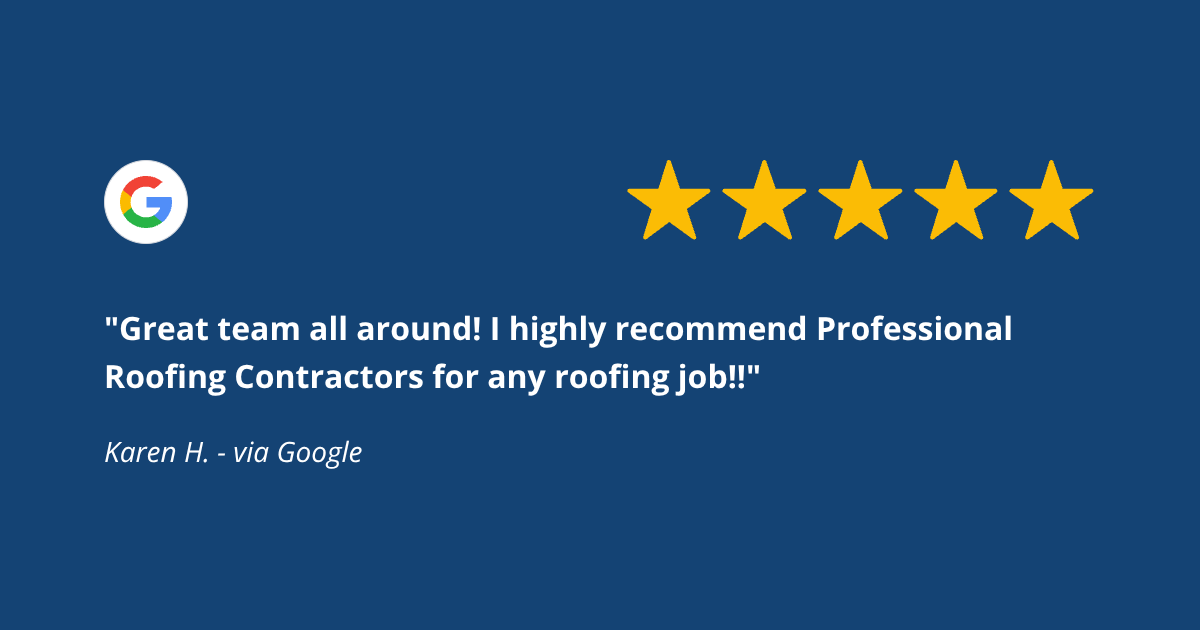 Google review with five gold stars, a Google logo, and a quote praising professional roofing contractors.