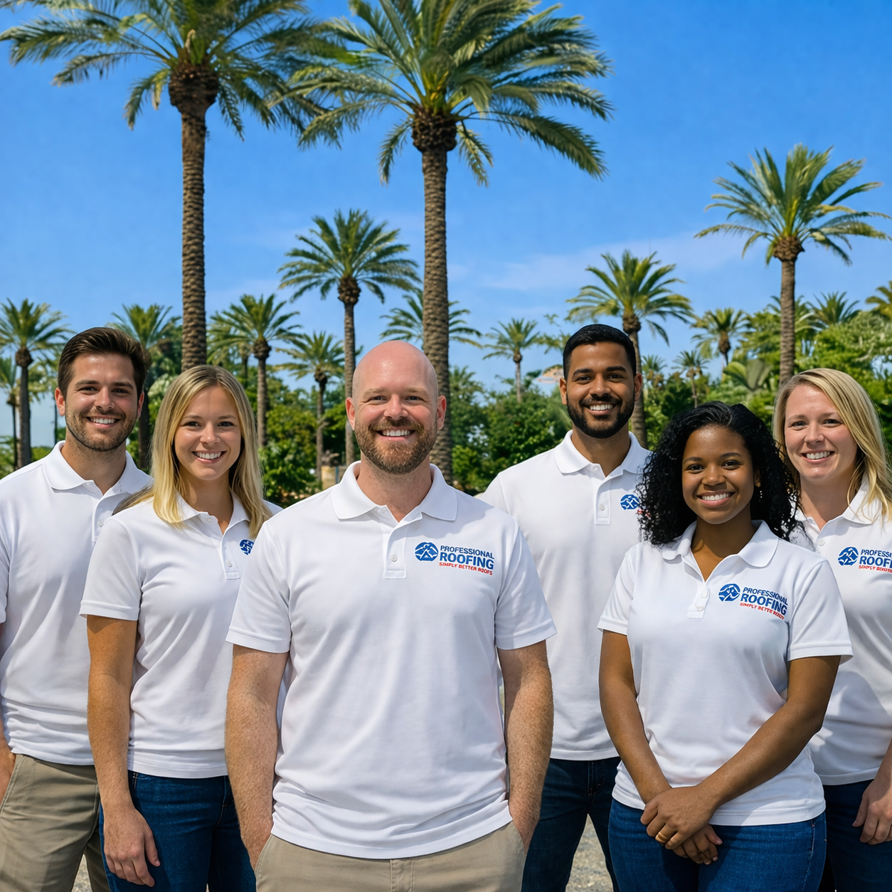 Group of six people smiling outdoors in front of palm trees, wearing white polo shirts with a roofing company logo.