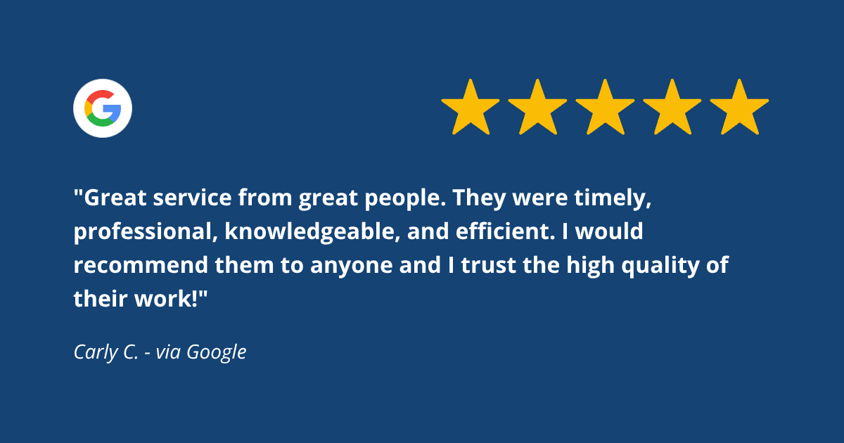 Google review with five gold stars and a customer testimonial praising timely, professional, knowledgeable, and efficient service.