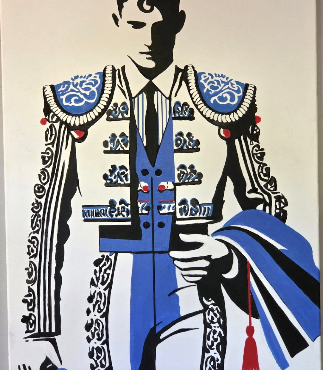 Une illustration artistique en style pop art représentant une figure masculine en uniforme de torero avec des détails traditionnels en noir, blanc, bleu et rouge, tenant une cape ou un accessoire dans la main.