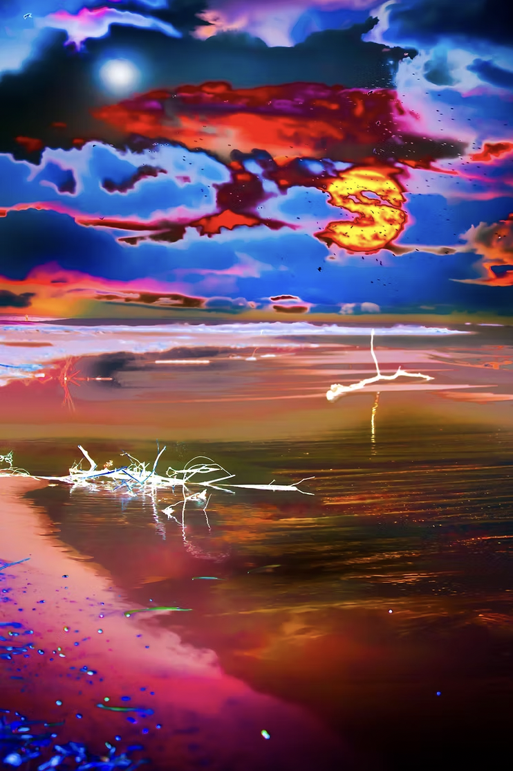Ciel coloré avec des nuages, un soleil ou lune partiellement visible, et des reflets dans l'eau avec des branches ou débris flottants.