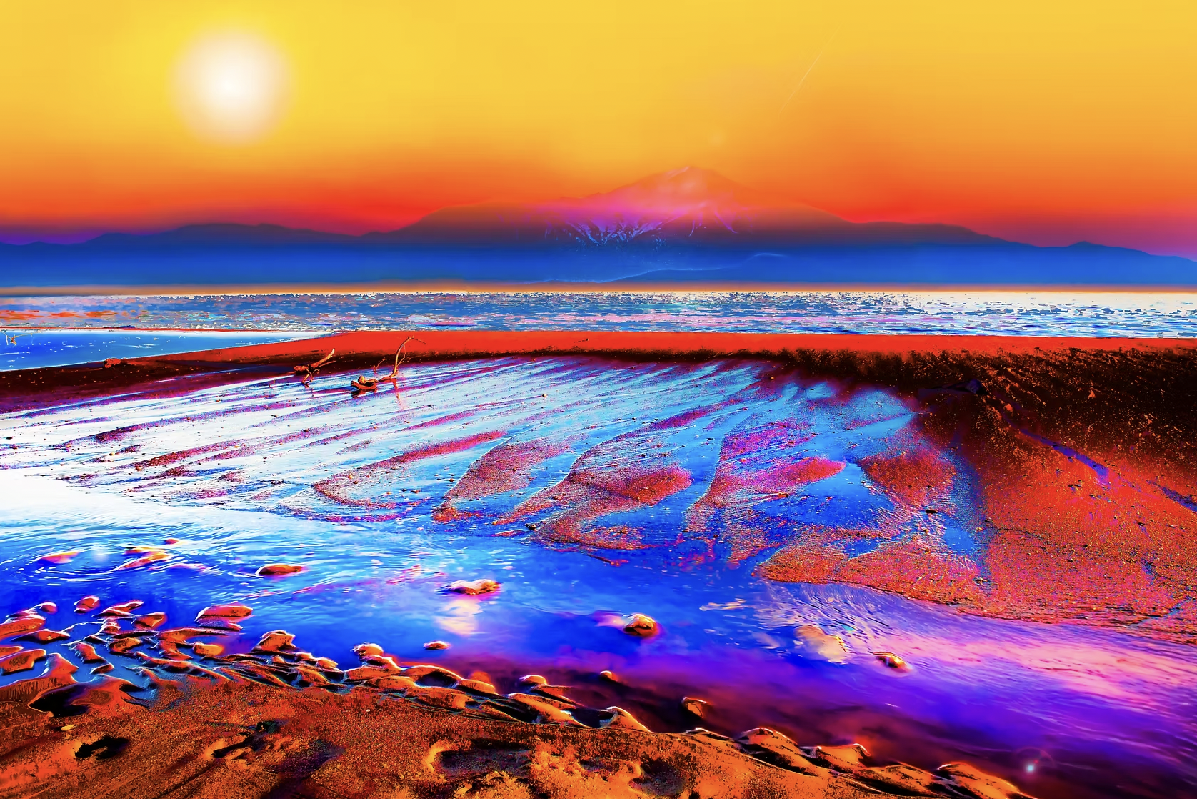 Paysage coloré avec des montagnes, un lac, et un sol sablonneux, avec un ciel lumineux.