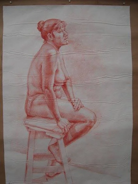 Figure drawing (drawing from life), sanguine charcoal on paper.  150x120cm (59x47in)