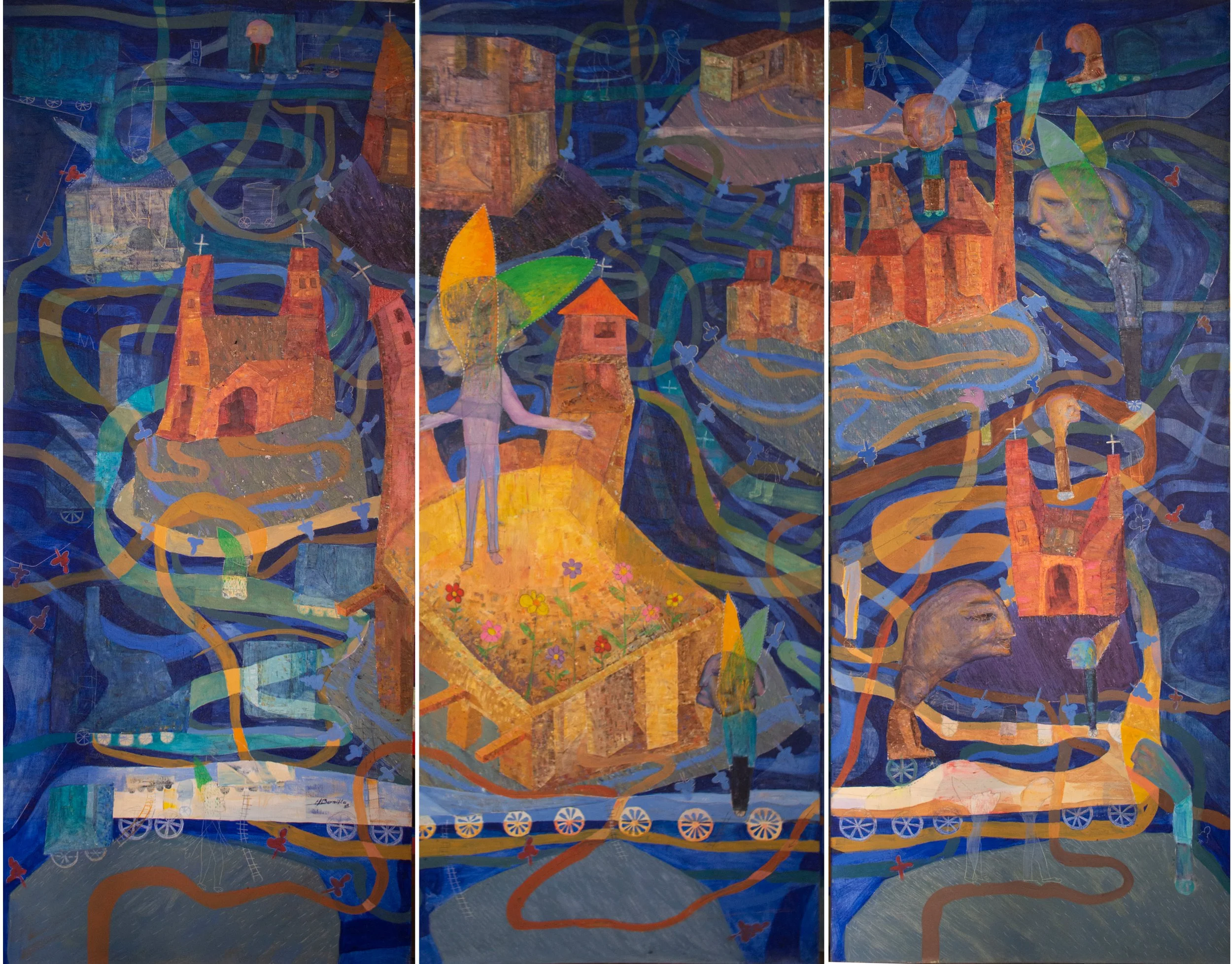 All roads lead there, 2007. Oil on canvas- 180 x 240 cm (70 x 94 in), triptych.