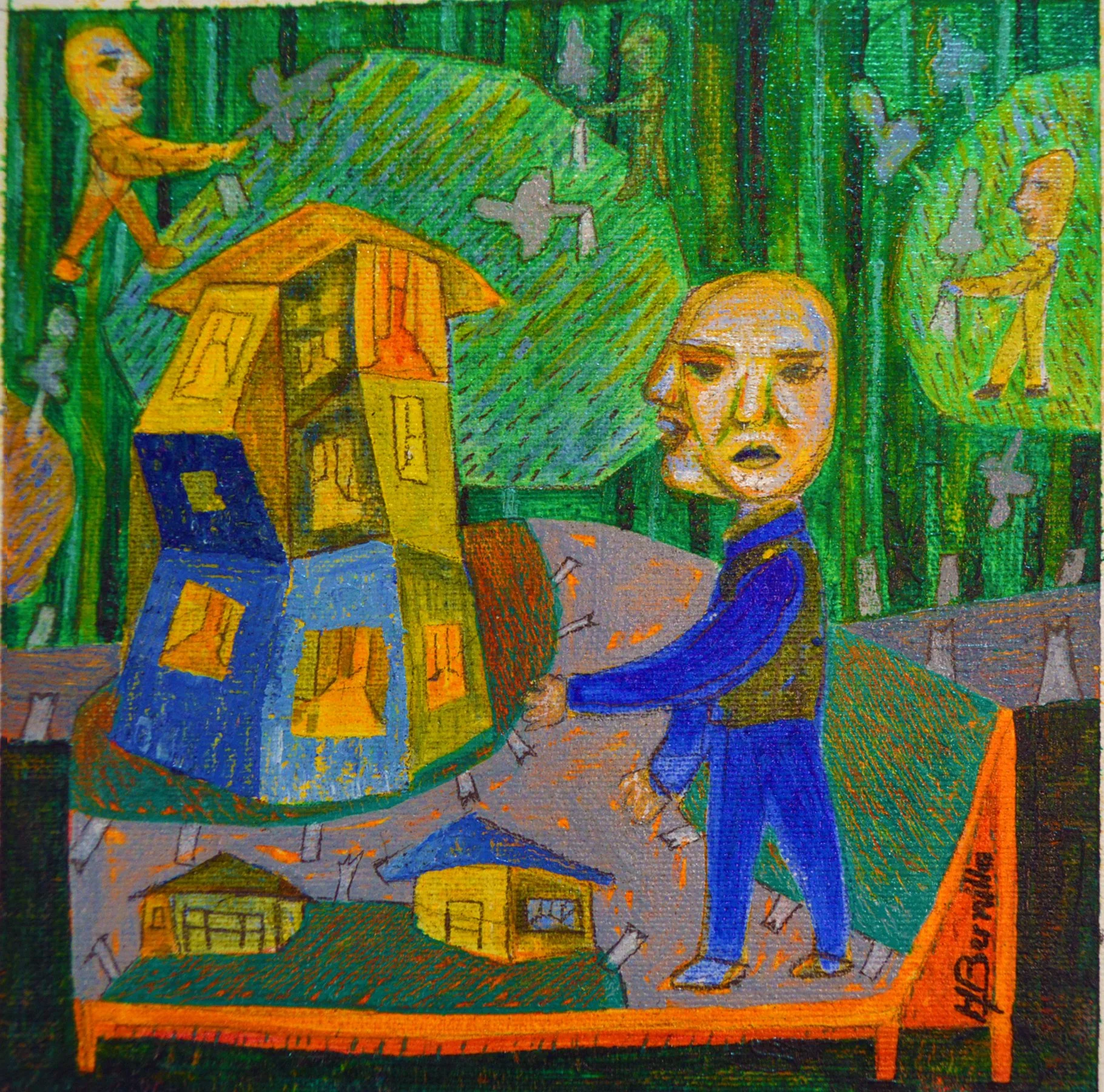 Building home, destroying Woods, Oil on canvas- 10 x 10cm 